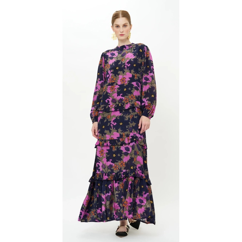 NWT Oliphant Suzani Navy Mock Neck Maxi Dress Floral Womens Size L Viscose